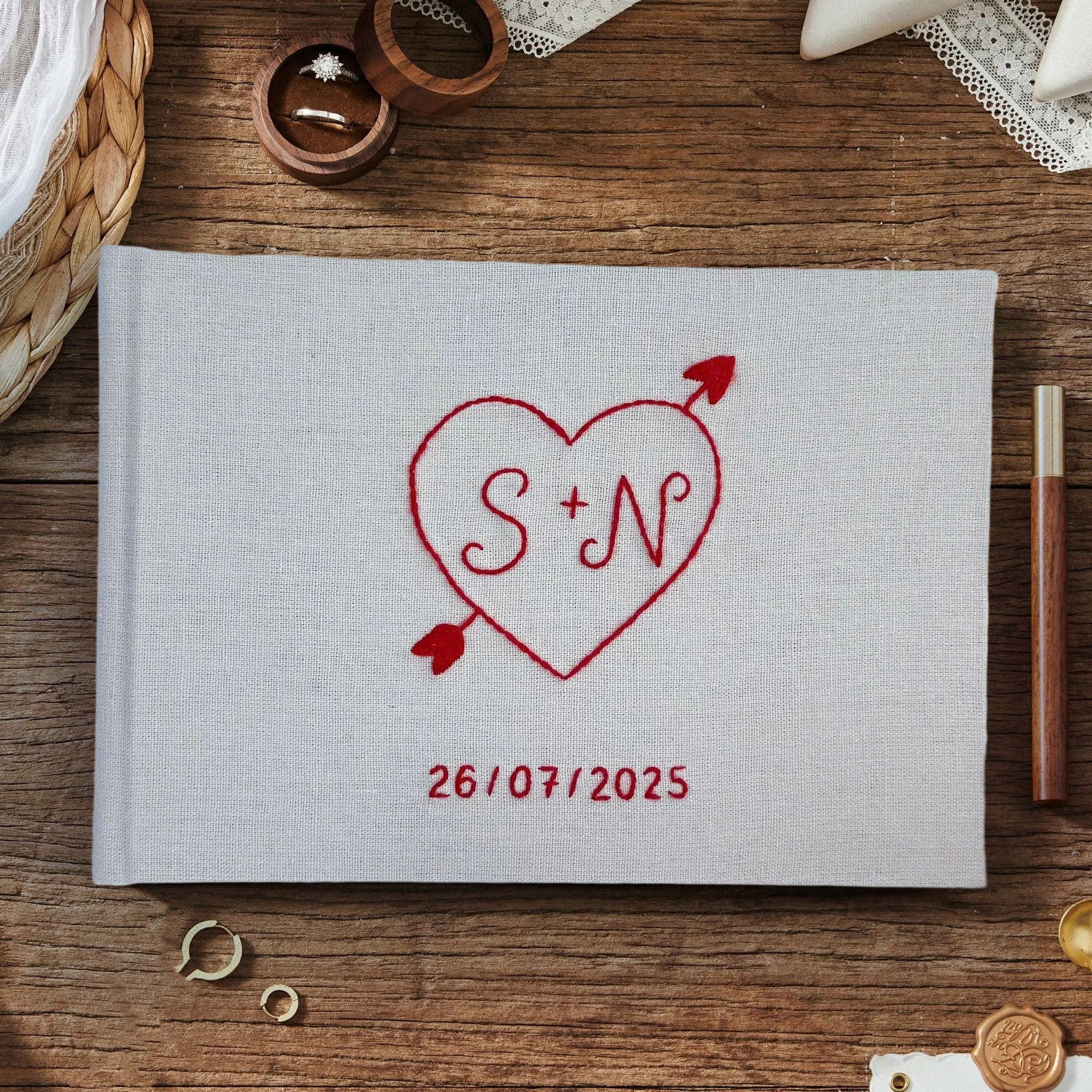 Custom Hand Embroidered Wedding Guest Book with Heart Arrow Design for Couples Unique Wedding Gifts