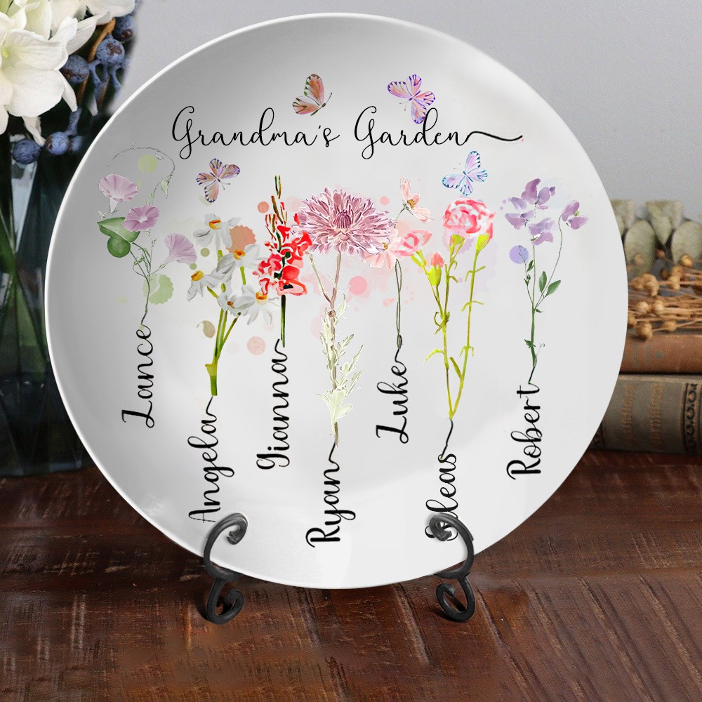 Personalised Grandma's Garden Birth Flower Members Names Family Platter Gift for Grandma Mum Mother's Day Gift