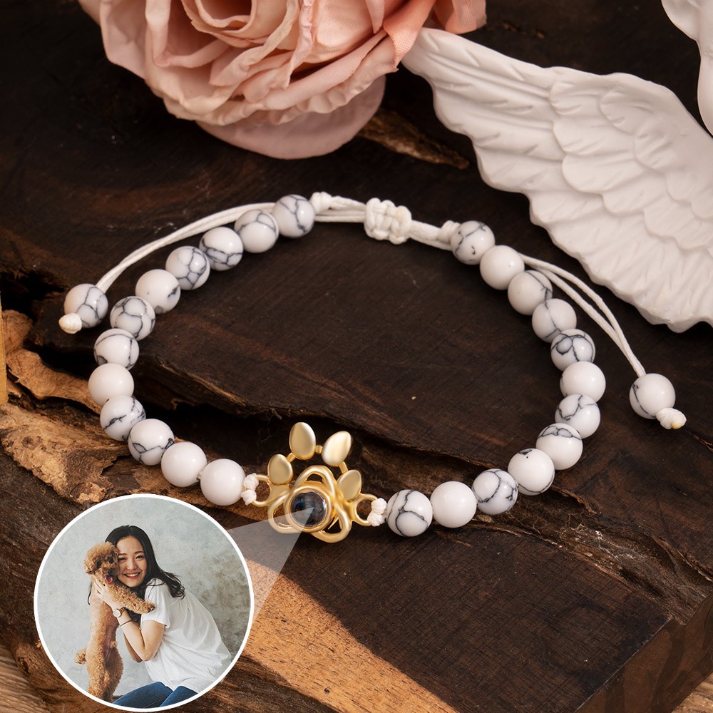 Personalised Pet Paw Photo Projection Beaded Bracelet with Picture Inside Unique Gifts For Pet Lover