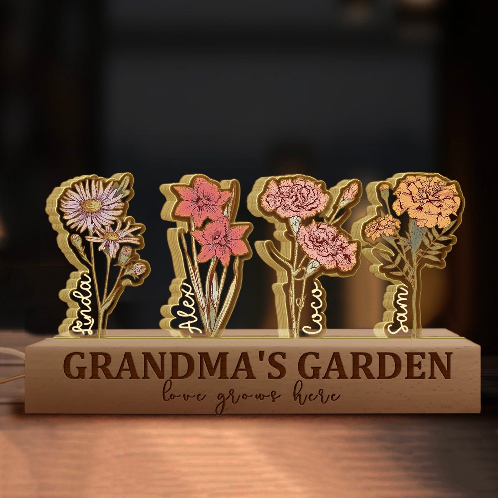 Custom Grandma's Garden Love Grows Here Birth Flower Wood Night Light Unique Gifts for Mum Grandma Christmas Gift