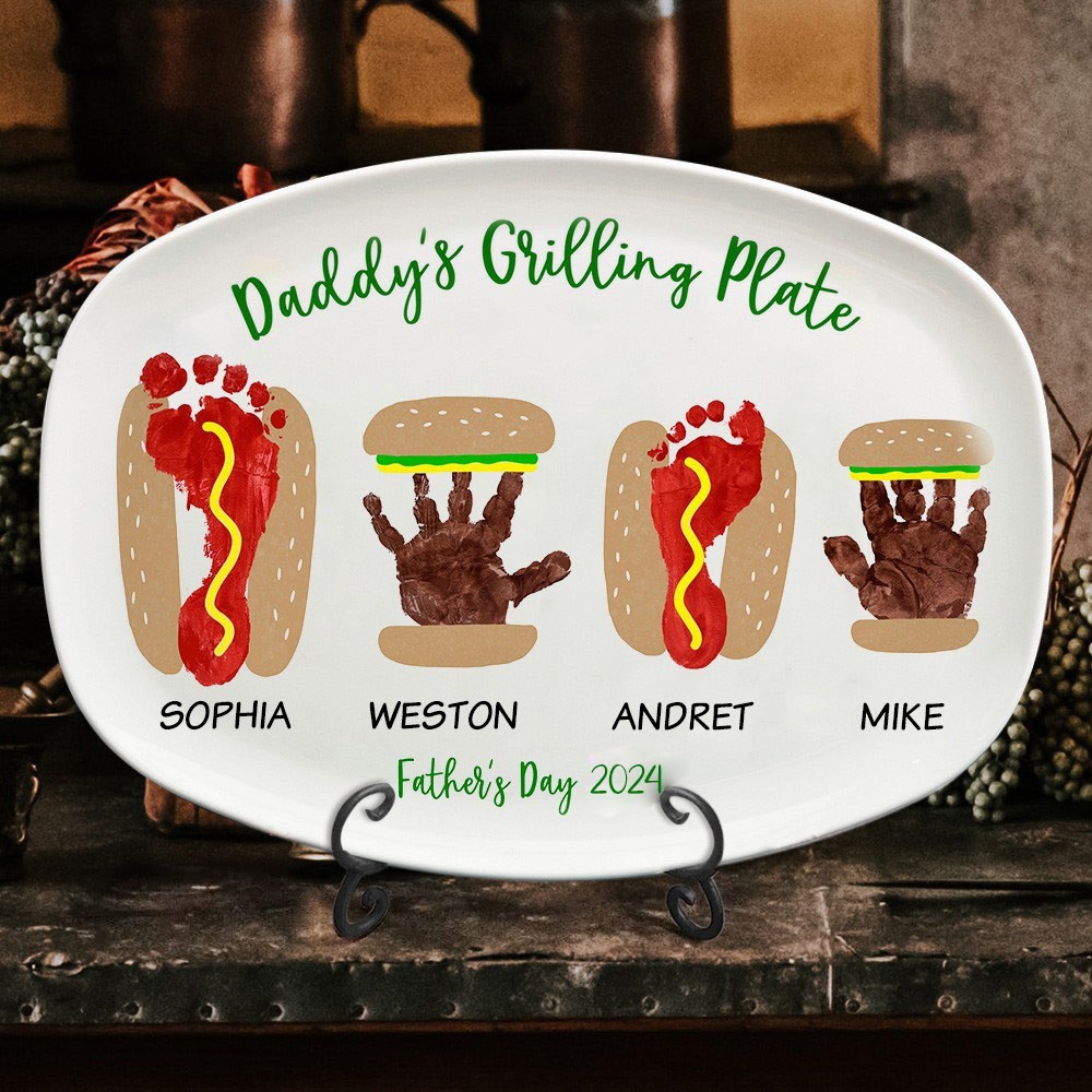 Custom Burger Hot Dog Handprint Footprint Plate with Kids Name Father's Day