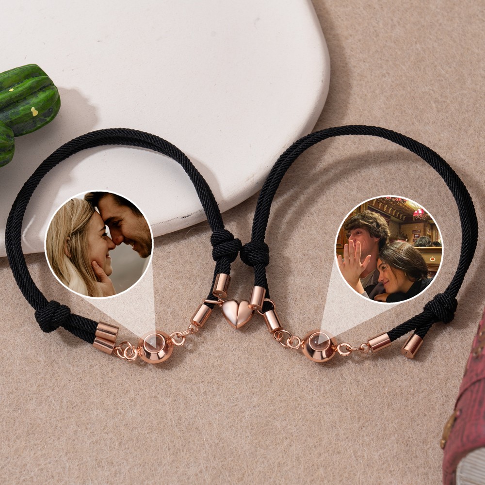 Custom Bead Projection Bracelet With Couple Picture Inside And Magnetic Heart Charm Pefect Gift For Couple