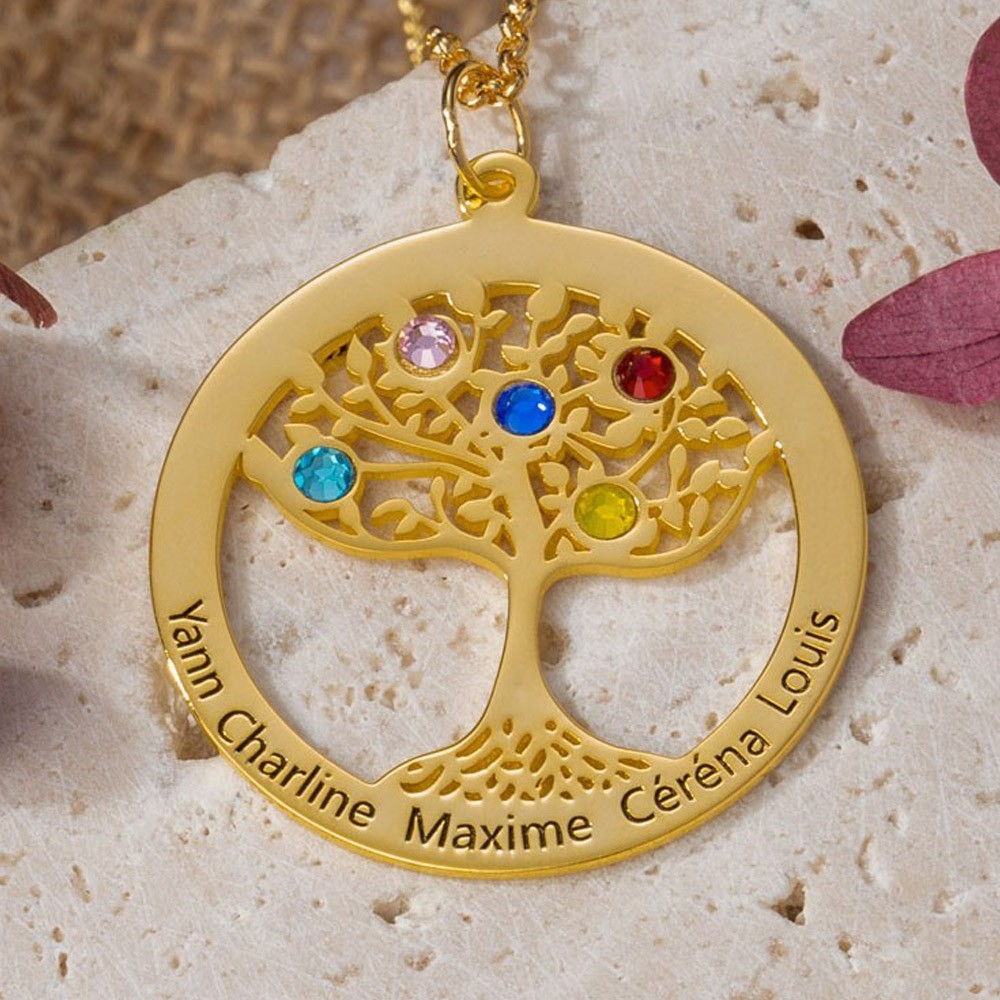 Personalised Tree of Life Name Birthstones Necklace Best Gifts For Mum Grandma