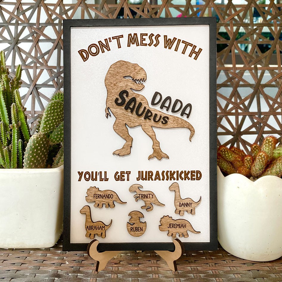 Personalised Dada Dinosaur Wooden Frame Sign With Kids Names Special Father's Day Gift Ideas