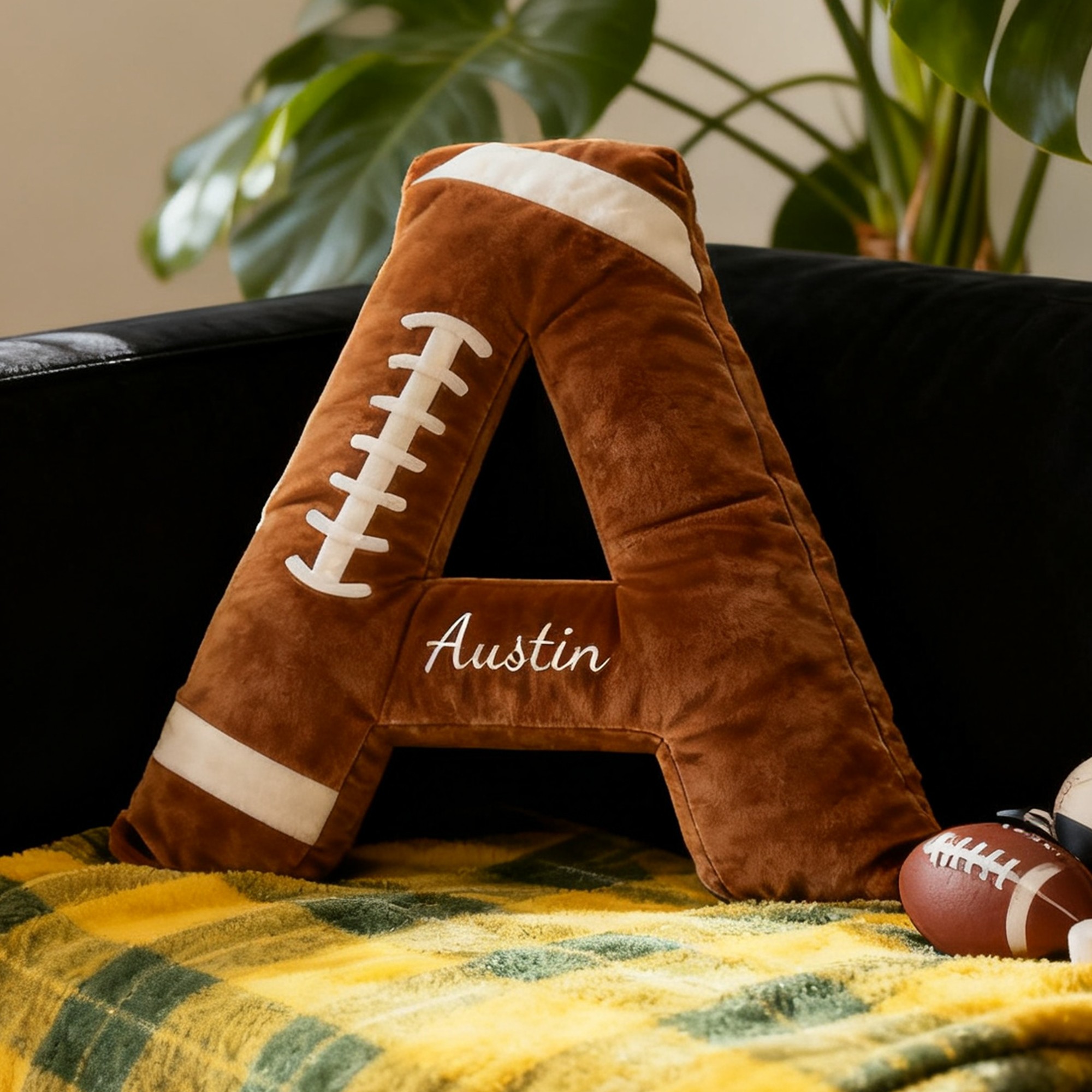 Personalised Football Themed Letter Shaped Pillow with Custom Name Football Fans Gifts Christmas Gift for Football Lover