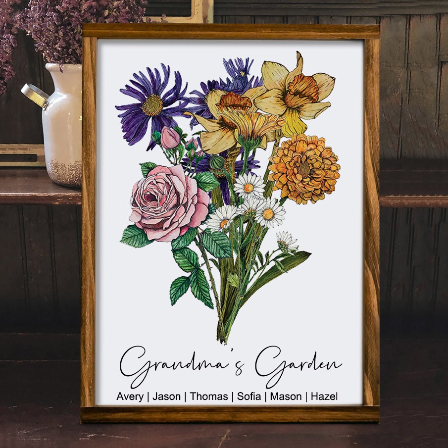 Personalised Grandma's Garden Birth Flower Bouquet Family Frame Sign Gift Ideas for Mum Grandma Mother's Day Gift