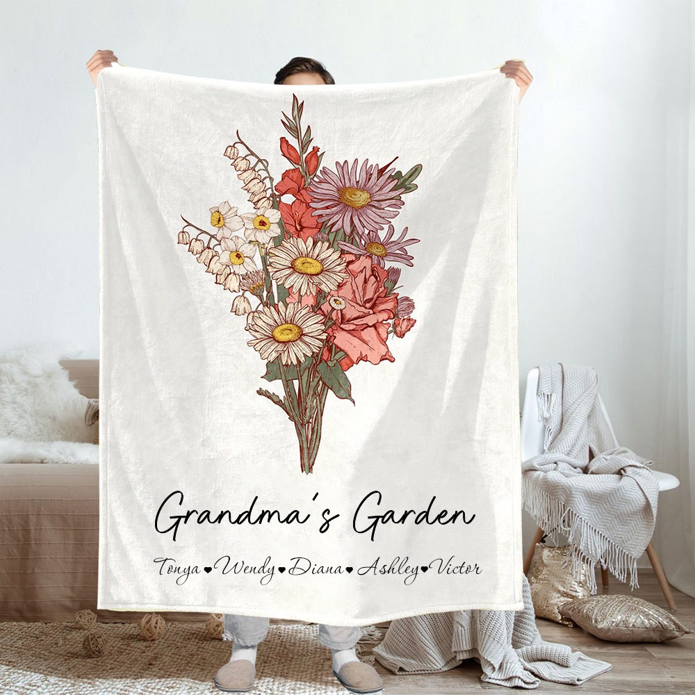 Personalised Birth Month Flower Bouquet Grandma's Garden Blanket Sign Gifts for Grandma Mum Mother's Day Gift ideas