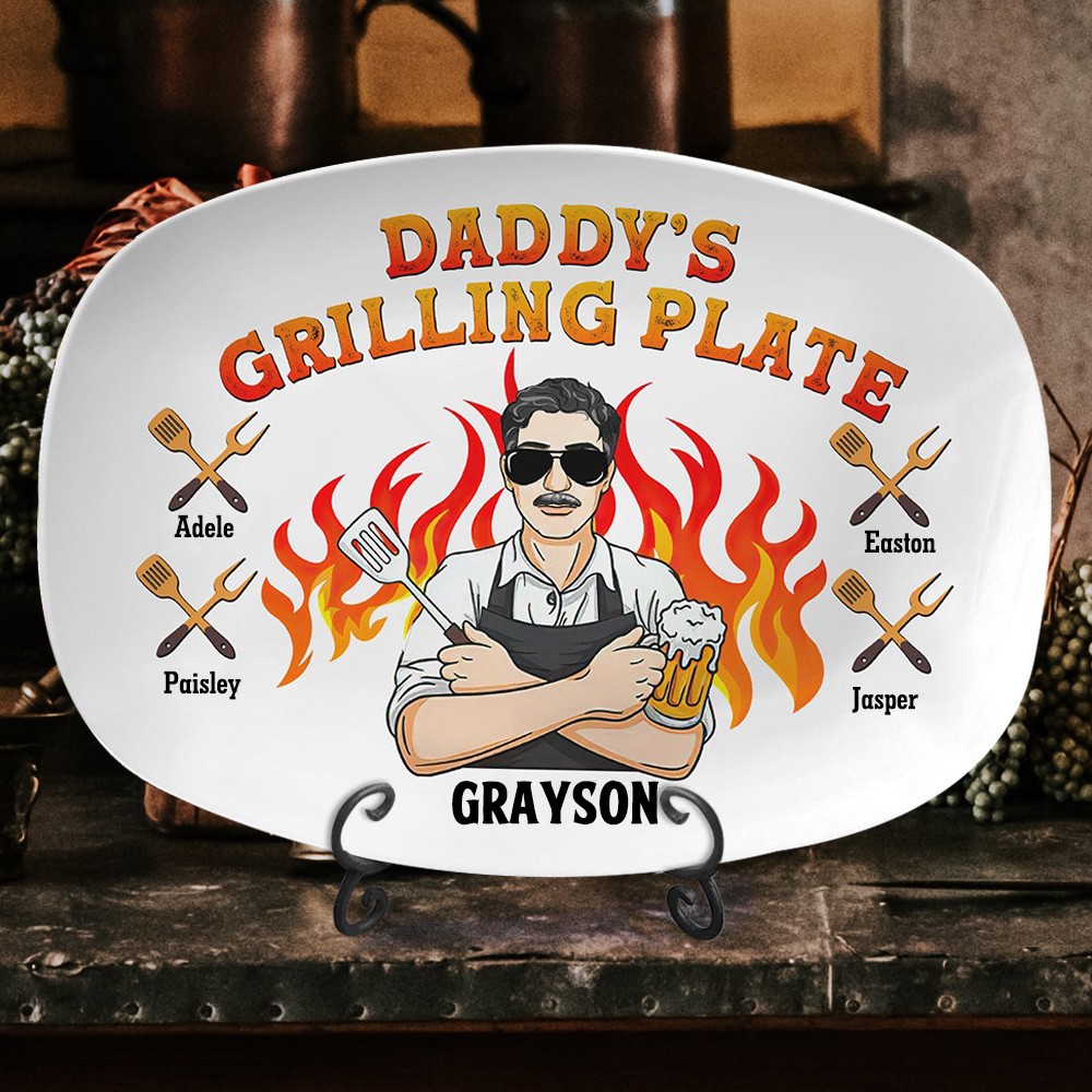 Personalised BBQ Daddy's Grilling Plate with Kids Name Keepsake Gift Ideas Father's Day Gift