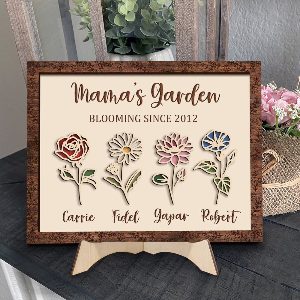 Personalised Mama's Garden Blooming Birth Flower Frame Wood Sign with Names Perfect Gifts for Mum Grandma Mother's Day Gift Ideas