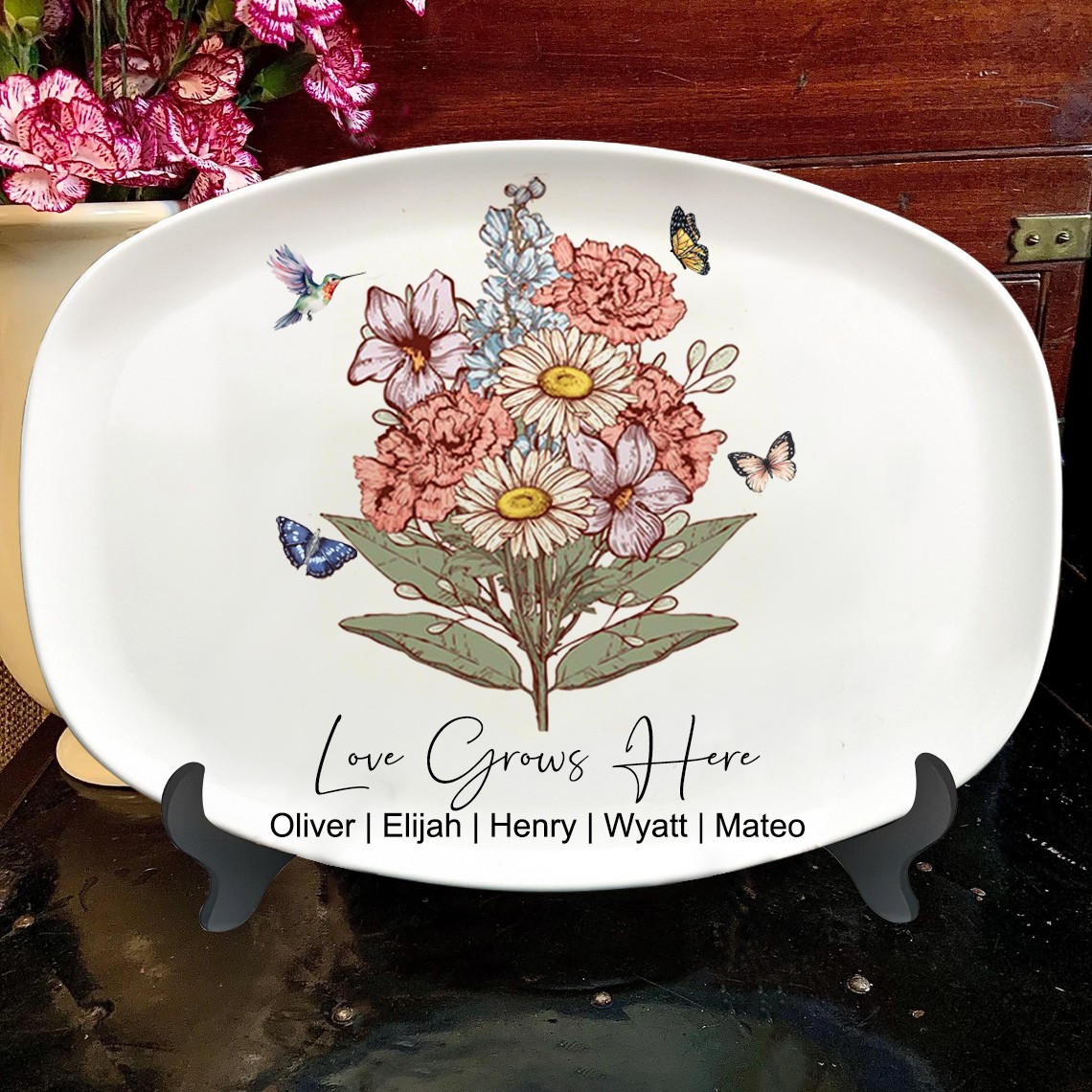 Custom Love Grows Here Birth Flower Bouquet Platter Plate Unique Gifts For Mum Grandma Mother's Day Gift Ideas