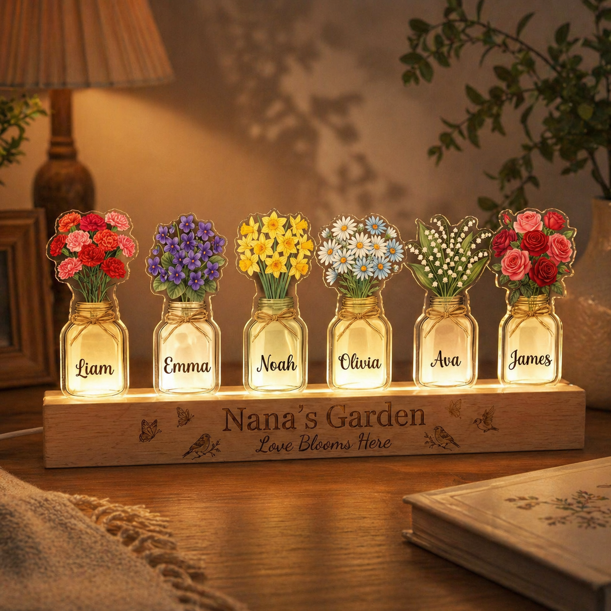 Personalised Nana's Garden Night Light – Birth Month Flowers Acrylic LED Lamp, Mother's Day Gift from Grandkids Family Gift For Mum Grandma