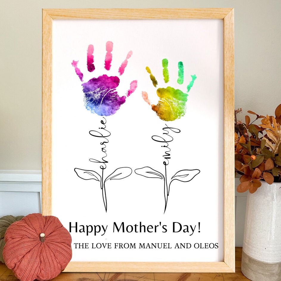 Custom DIY Handprint Wooden Frame With Kids Names Mother's Day Gift Ideas GIft For New Mum