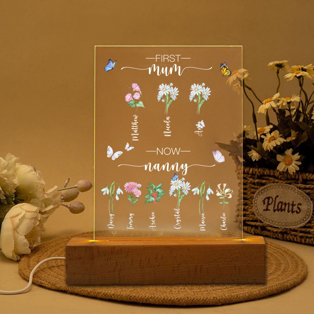 Personalised First Mum Now Granny Birth Month Flower Night Light Unique Gifts for Mum Nanny Mother's Day Gift Ideas