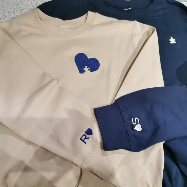 Custom Embroidered Heart and Puzzle Piece Couples Hoodie with Initial On Sleeve Anniversary Gift Valentine's Day Gifts