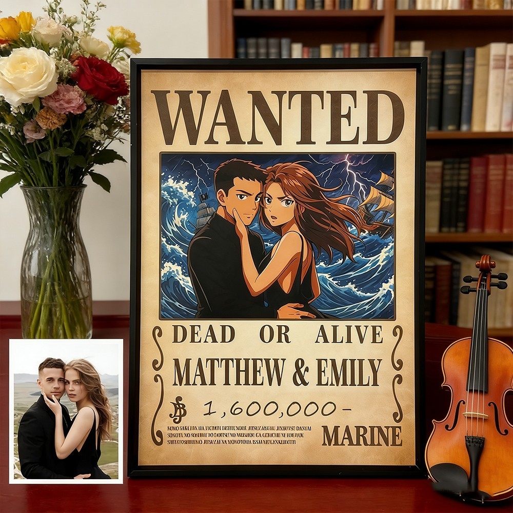 Custom Anime Style Wanted Couple Portrait Poster Frame Gift for Couples Anniversary Gift for Him Valentine's Day Gifts