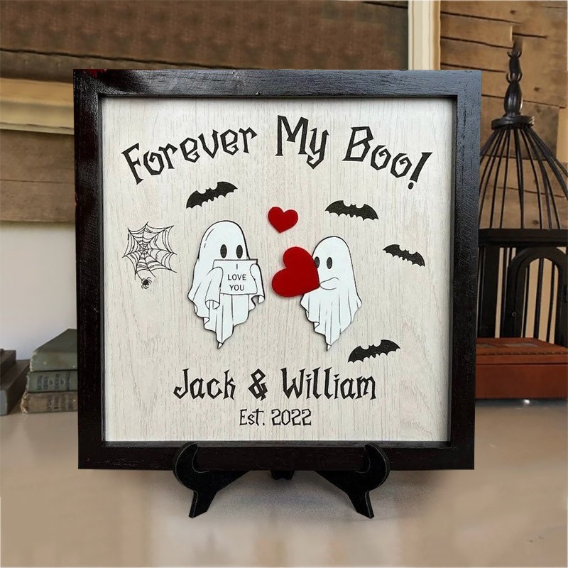 Personalised Forever My Boo Wood Sign Cute Ghost Decor For Couples Romantic Halloween Gift