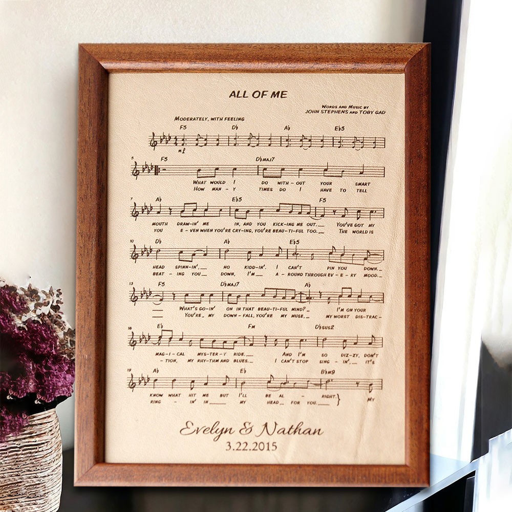 Leather Engraved Sheet Music Personalised Framed Music Notes Wedding Keepsake Gifts Christmas Gift for Wife