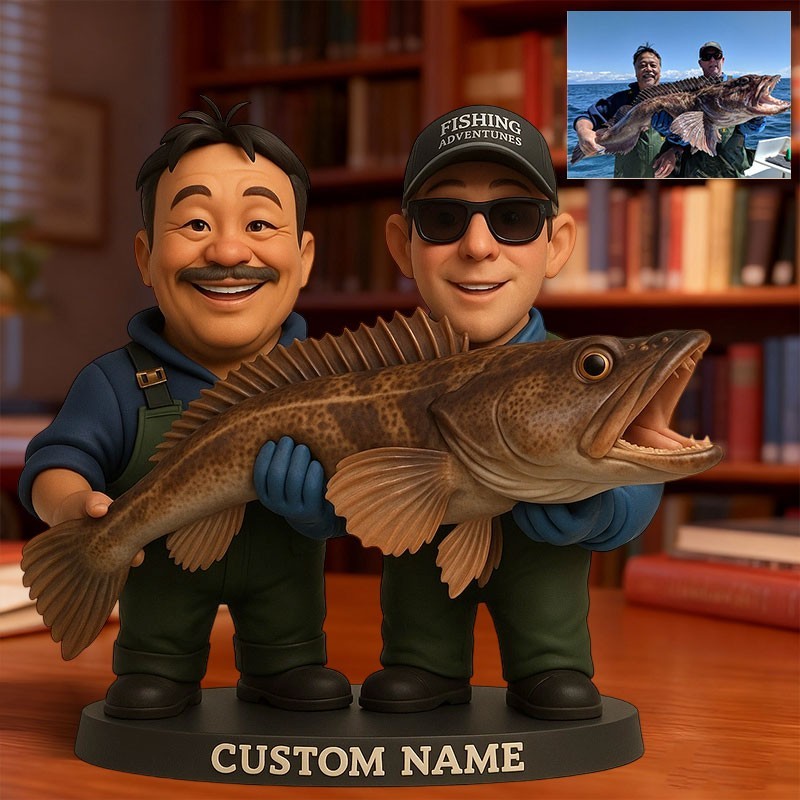 Custom Fishing Photo Portrait Cartoon Style Figurine for Him Unique Desk Decor Gifts for Fisherman Christmas Gift
