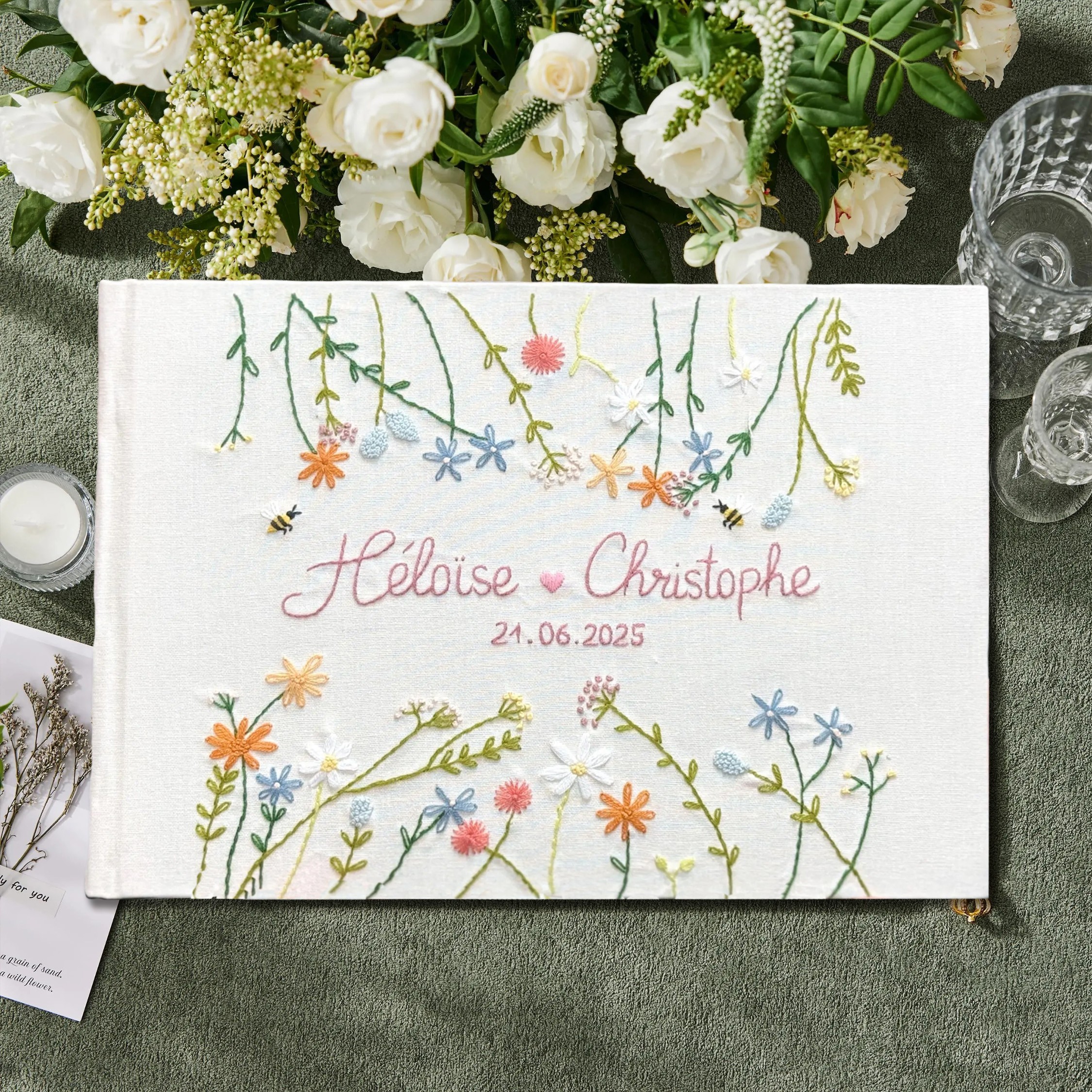 Custom Floral Hand Embroidered Wedding Guest Book Personalised Memory Book Gifts for Couple Unique Wedding Gift