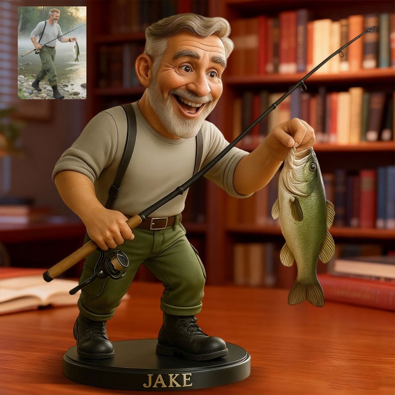 Custom Fishing Photo Portrait Cartoon Style Figurine for Him Unique Desk Decor Gifts for Fisherman Christmas Gift