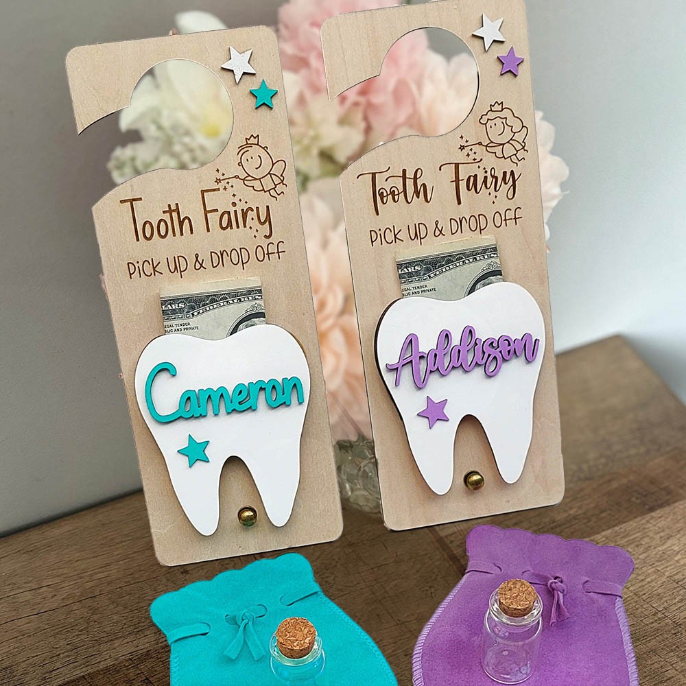 Personalised Tooth Fairy Door Hanger with Pouch Keepsake Gift for Kids Baby Shower Gift