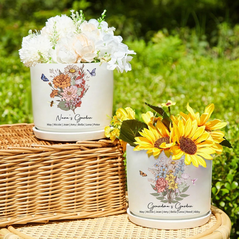 Custom Grandma's Garden Birth Flower Bouquet Pot Heartful Gift for Nana Grandma Mother's Day Gifts