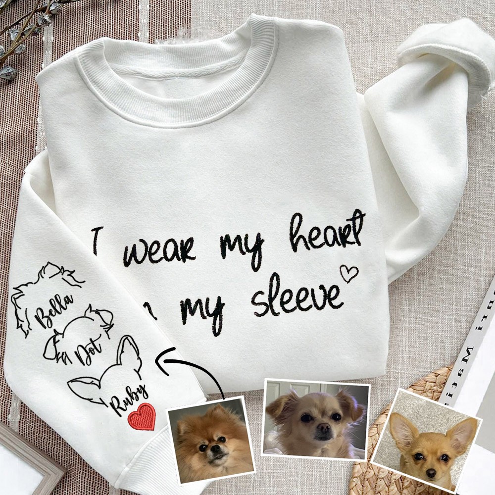 Personalised Dog Ears Outline Embroidered Sweatshirt Hoodie I Wear My Heart on My Sleeve Gifts for Pet Lover