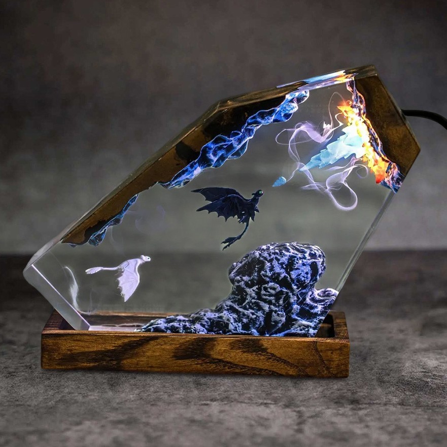 Handmade Ice Dragon Epoxy Resin Wood Lamp for Couples Christmas Gift Birthday Gift for Him