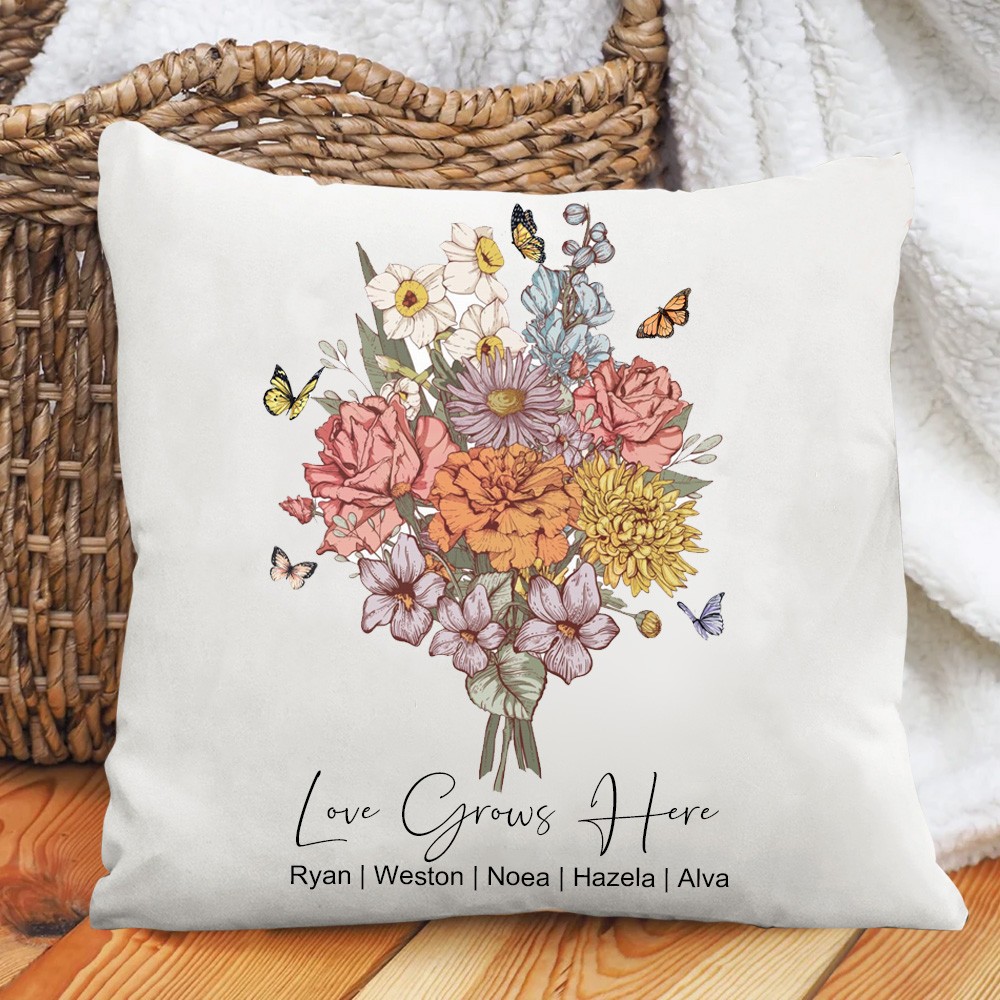 Custom Art Print Birth Flower Bouquet Pillow With Names Unique Gift Ideas for Mum Grandma Mother's Day Gifts
