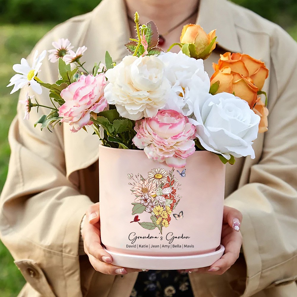 Personalised Grandma's Garden Birth Flower Bouquet Pot With Grandkids Names Love Gift for Mum Grandma Mother's Day Gifts