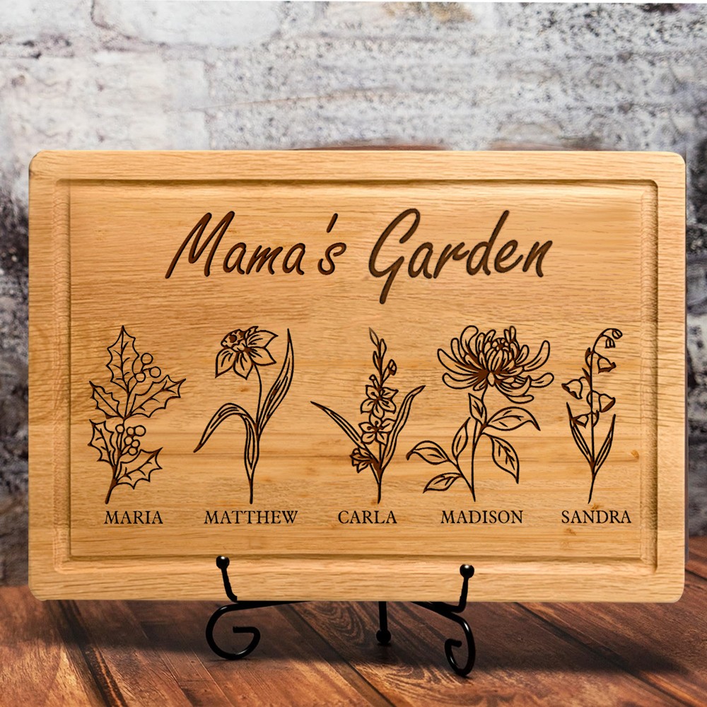 Personalised Mama's Garden Birth Month Flower Cutting Board with Kids Names Gifts for Grandma Mum