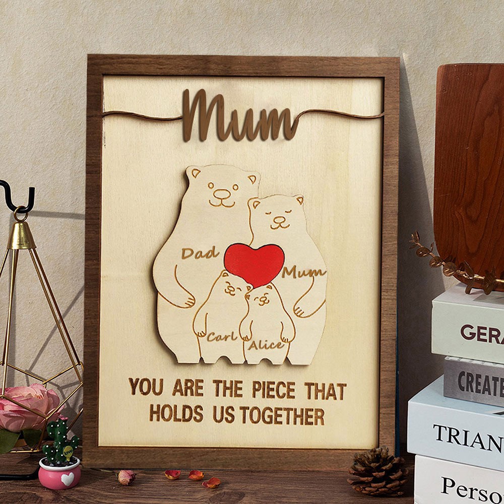 Personalised Bear Wooden Family Puzzle Sign With Names Mother's Day Gift 