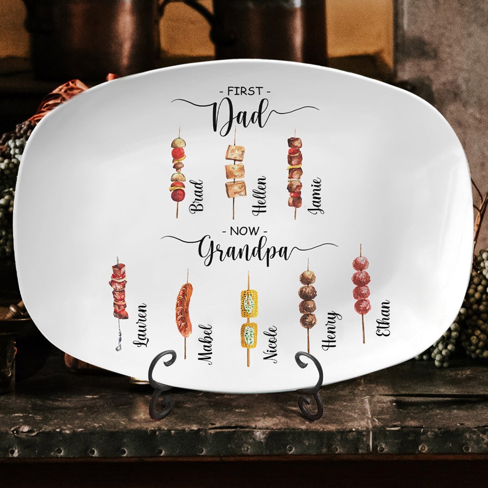 Custom First Dad Now Grandpa BBQ Grilling Plate With Kids Names Unique Father's Day Gift Ideas