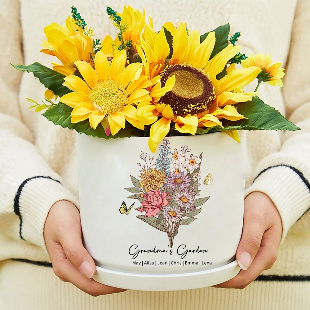 Custom Grandma's Garden Birth Flower Bouquet Plant Pot Heartful Gift Ideas For Mum Grandma Mother's Day Gift
