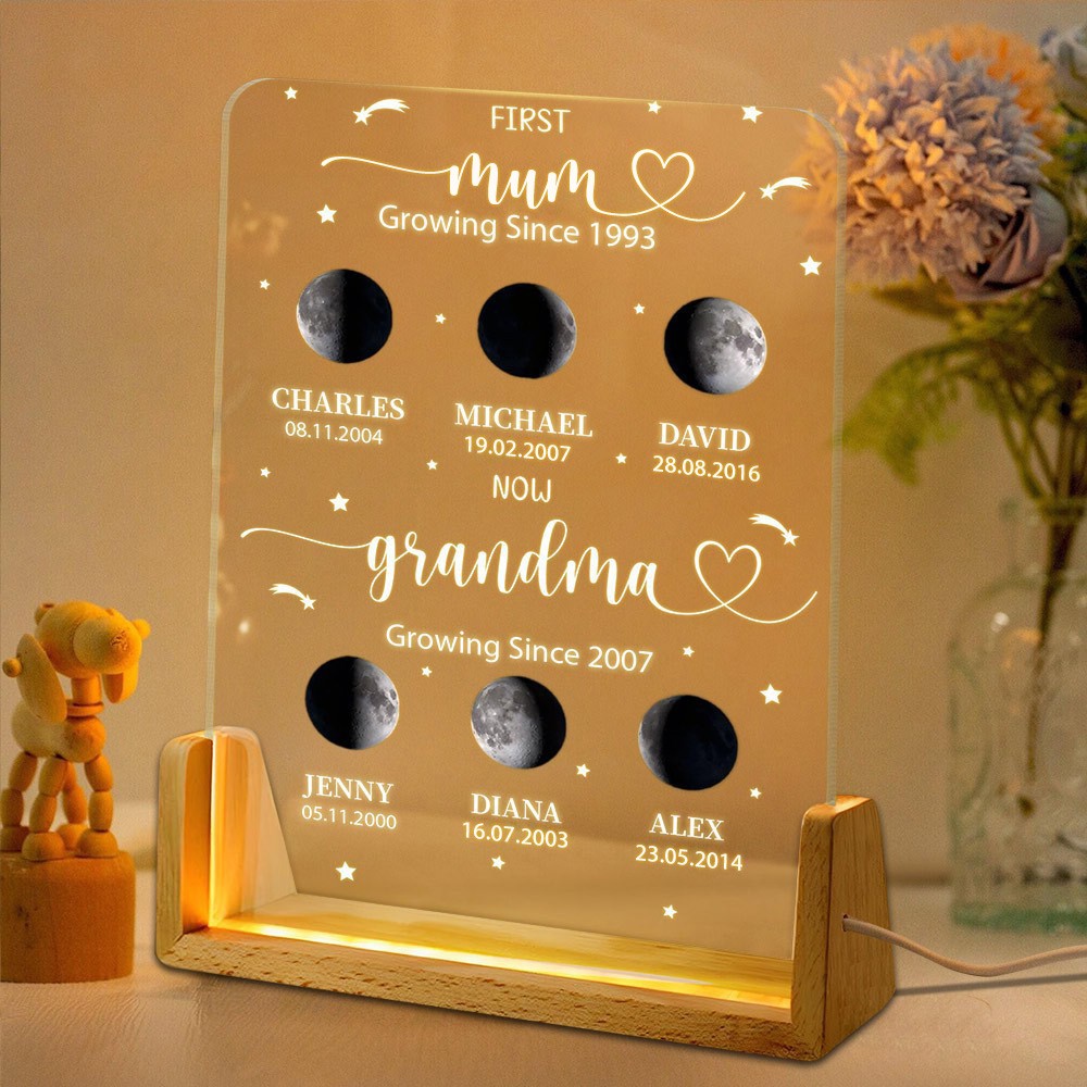 Custom First Mum Now Grandma Moon Phase Night Light By Date with Kids Names Gift for Mum Grandma Mother's Day Gift Ideas