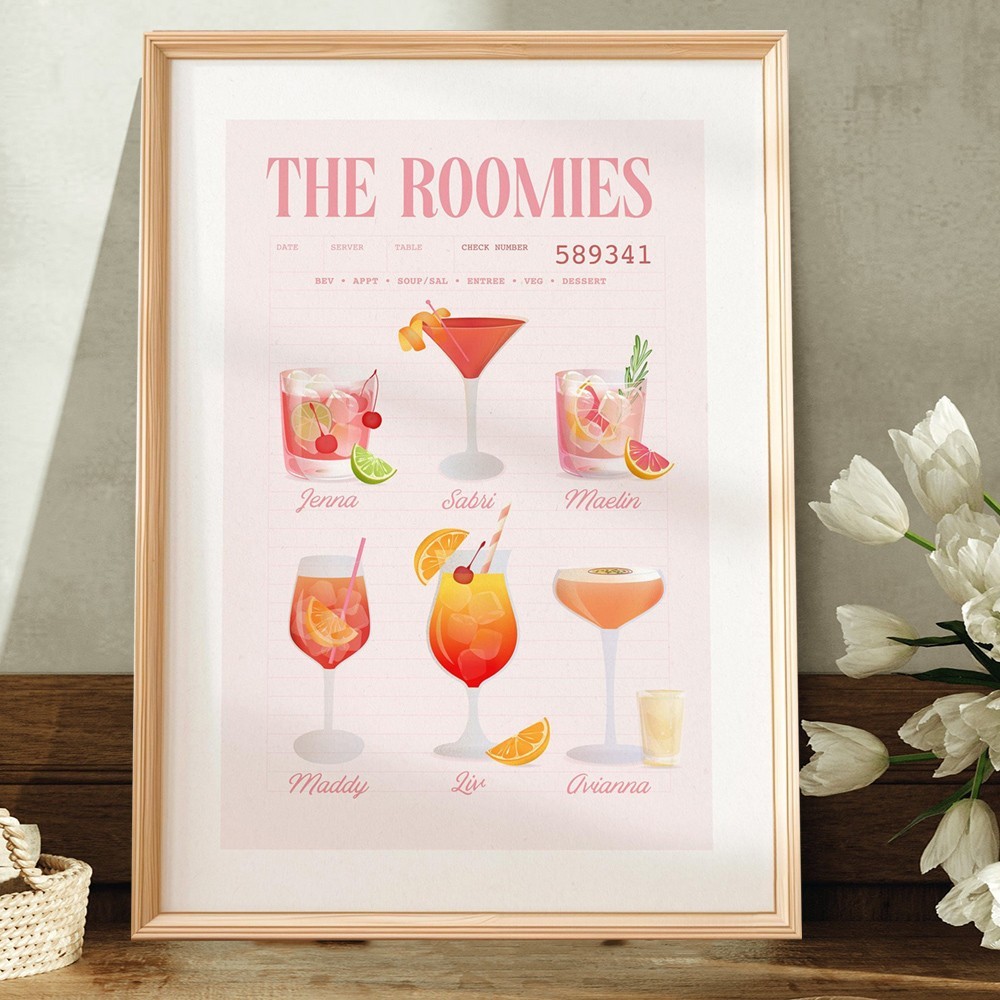 Personalised Roommates Drinks Art Print Frame with Names College Apartment Dorm Art Unique Gifts for Friends