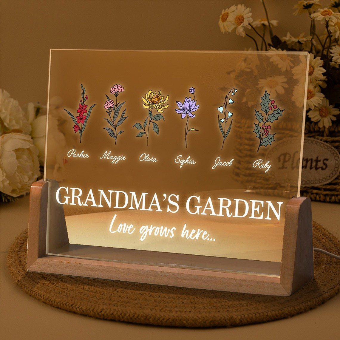 Grandma's Garden Birth Flower Night Light with Kids Names Custom Gifts for Grandma Mum Mother's Day Gift Ideas