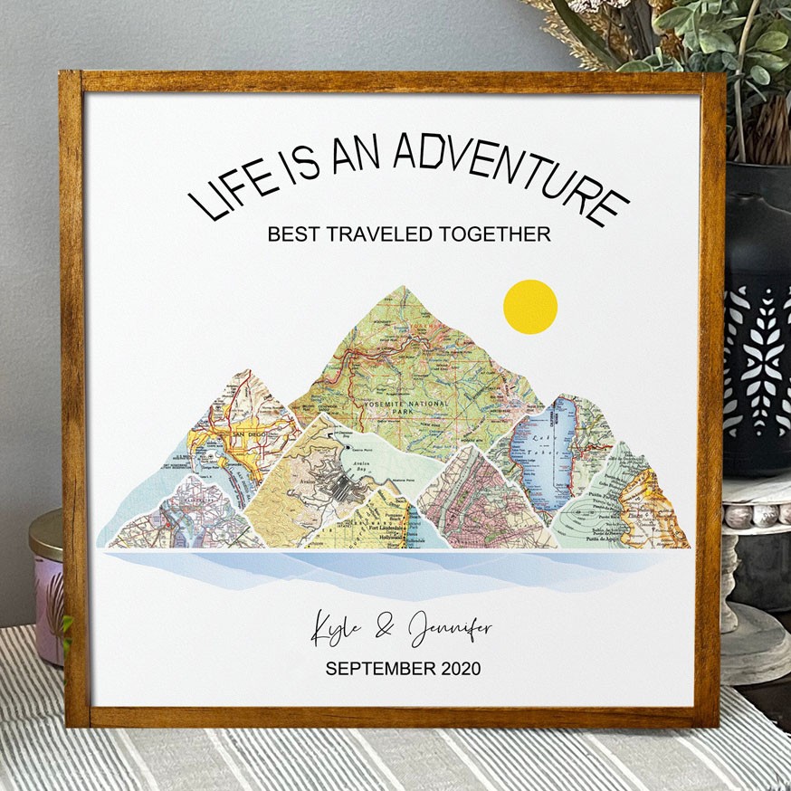 Personalised Couples Wood Mountain Adventure Travel Map Unique Engagement Gifts Wedding Anniversary Gift Christmas Gift