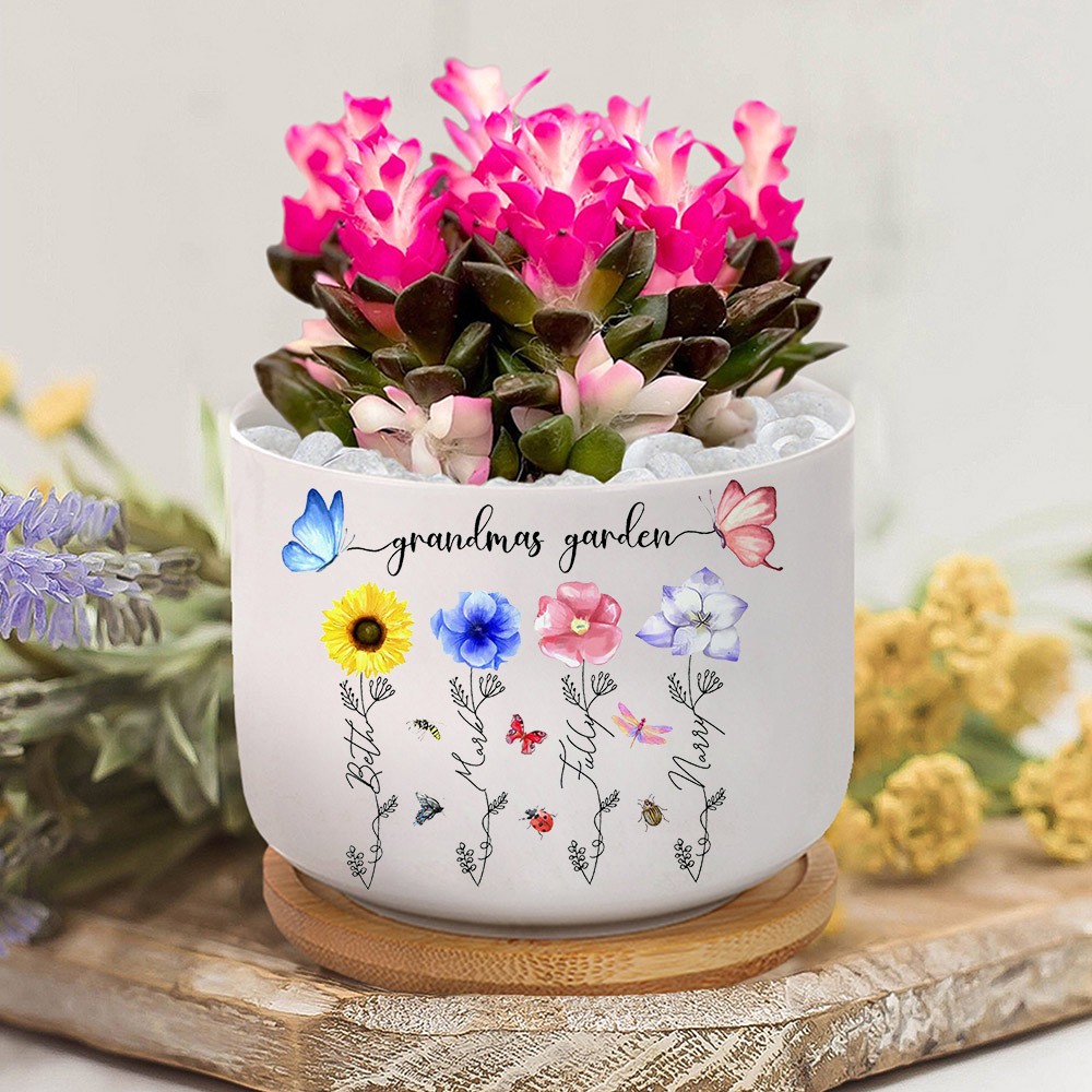 Custom Grandmas Garden Colorful Birth Flower Pot with Grandkids Names Unique Gifts for Mum Grandma Mother's Day Gift Ideas