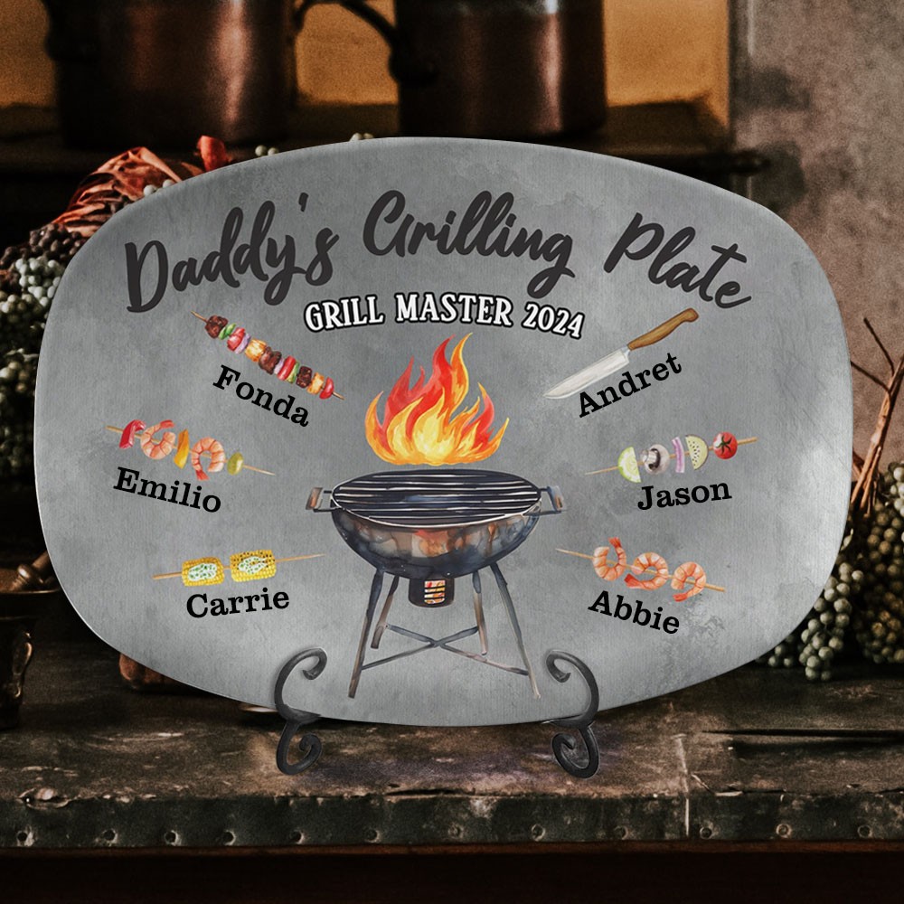 Personalised Daddy's Grilling Plate with Kids Names Custom BBQ Platter Unique Father's Day Gift Ideas