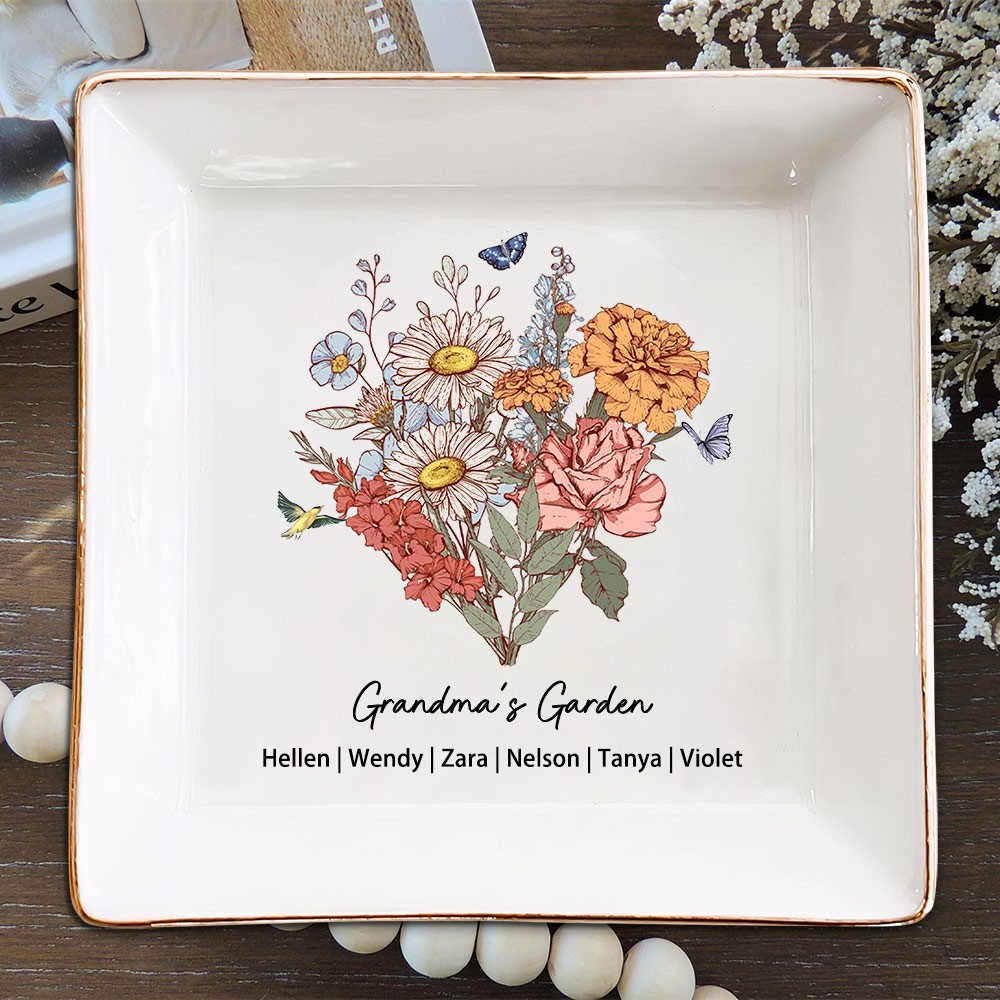 Personalised Grandma's Garden Birth Flower Bouquet Jewellery Dish with Kids Names Unique Gift for Mum Grandma Christmas Gift