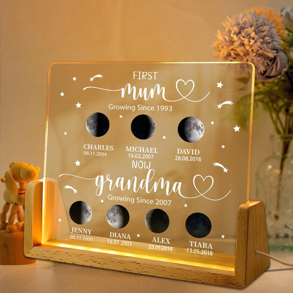 First Mum Now Grandma Moon Phase Night Light By Date with Kids Names Personalised Gifts for Mum Mother's Day Gift Ideas