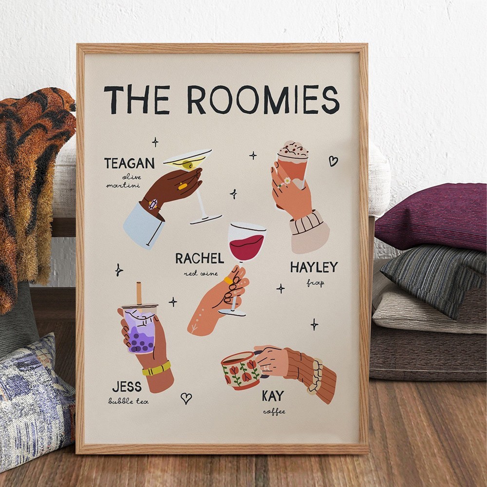 Personalised Roommates Drinks Art Print Frame with Names College Apartment Dorm Art Unique Gifts for Friends