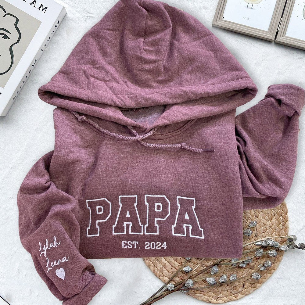 Personalised Papa Embroidered Sweatshirt Hoodie With Kids Names On The Sleeve Father's Day Special Gift Ideas