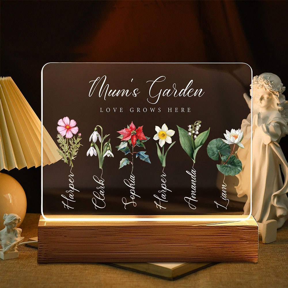Personalised Mum's Garden Birth Month Flower Wood Night Light with Kids Names Unique Gifts for Grandma Mum Mother's Day Gifts