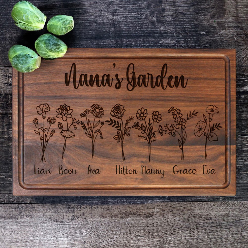 Personalised Nana's Garden Kitchen Birth Flower Cutting Board with Names Gifts for Mum Grandma