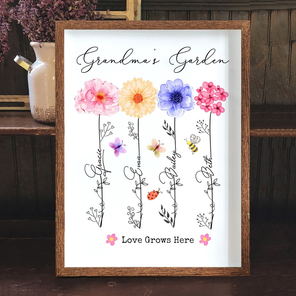 Customised Art Print Grandma's Garden Birth Flower Frame Names Sign Gift Ideas for Grandma Mum Mother's Day Gift