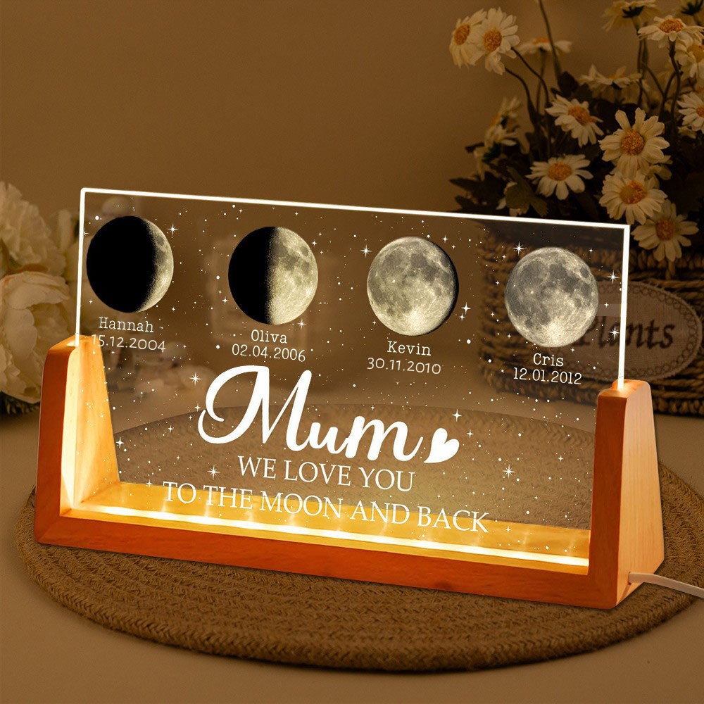 Custom Mum We Love You To The Moon And Back Moon Phase Night Light By Date with Kids Names Gifts for Mum Mother's Day Gift