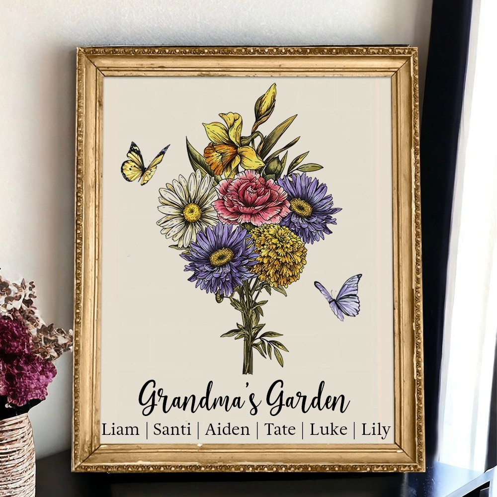 Grandma's Garden Birth Flower Bouquet Frame Sign with Grandkids Names Personalised Christmas Gift for Grandma Mum