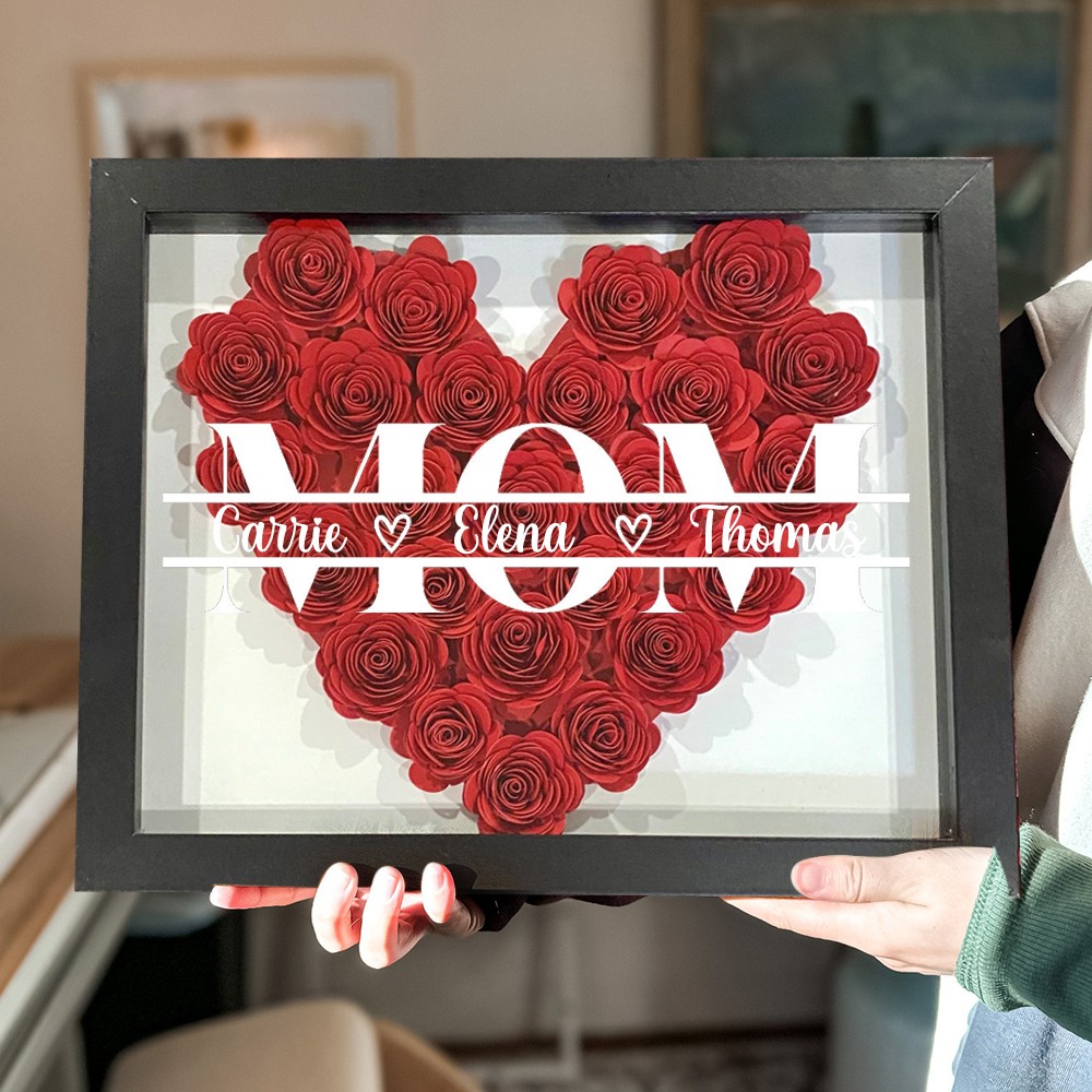 Custom Heart-shaped Paper Flower Shadow Box With Kids Names Mother's Day Gift Ideas Gift For Mum Grandma